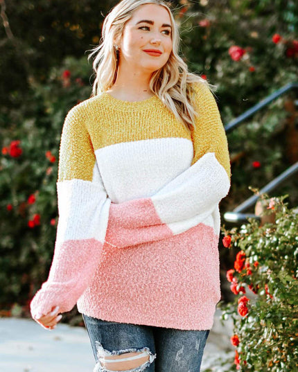Gelber Colorblock-Bubble-Sleeve-Pullover in Übergröße - Aurora Fashion Schweiz