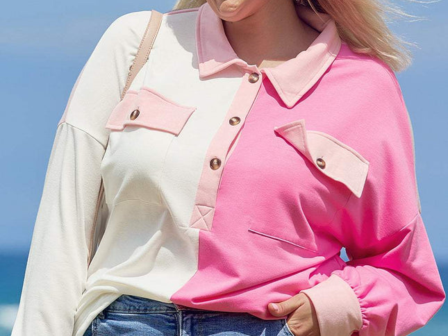 Bonbon-Sweatshirt mit Farbblock-Brusttaschen und halbem Knopf in Übergröße - Aurora Fashion Schweiz
