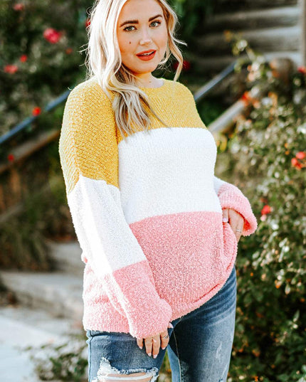 Gelber Colorblock-Bubble-Sleeve-Pullover in Übergröße - Aurora Fashion Schweiz
